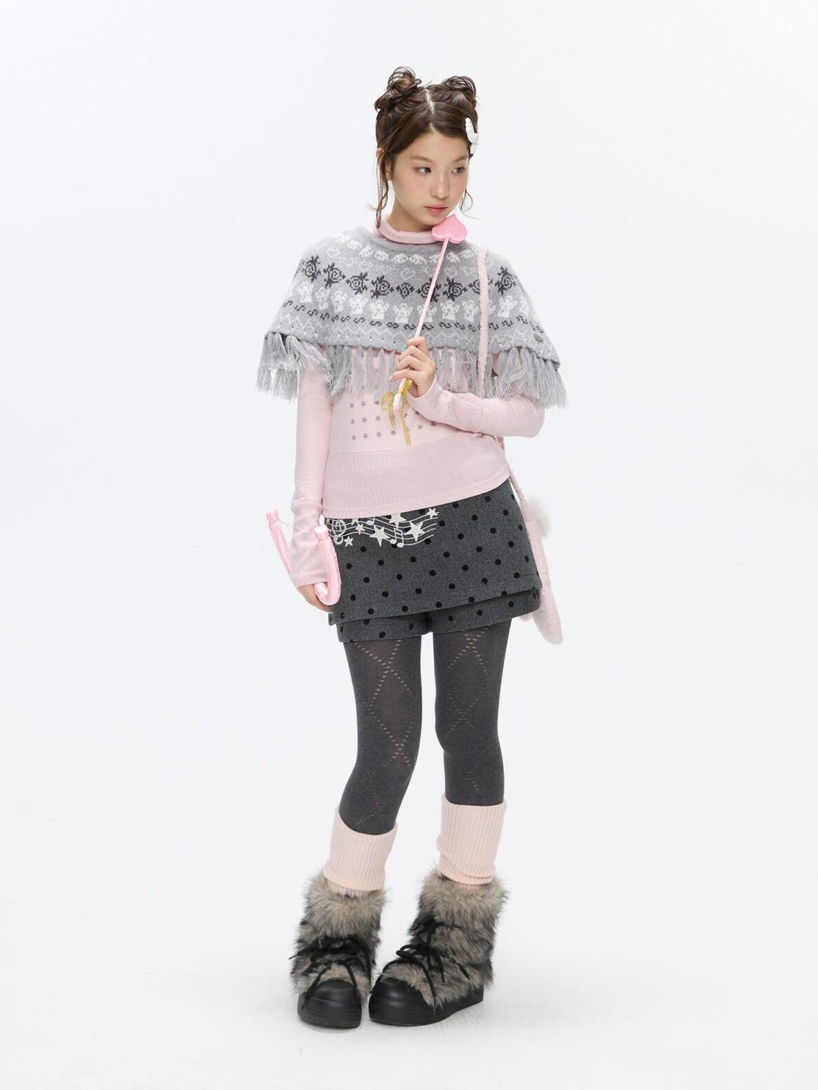 BETWEENAND Fair Isle Jacquard Fringe Knit Cape Women&