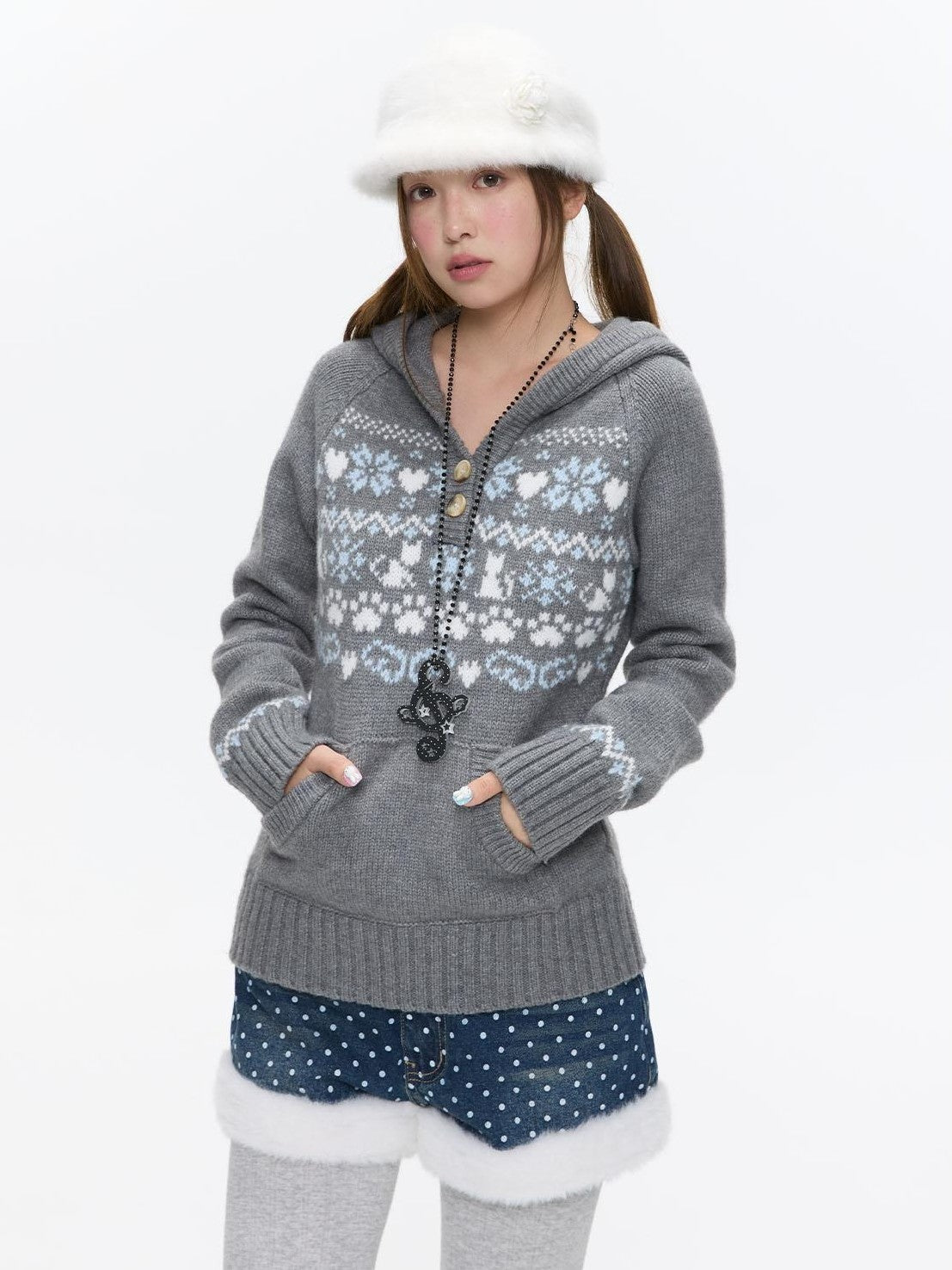BETWEENAND Fair Isle Jacquard Hooded Women&