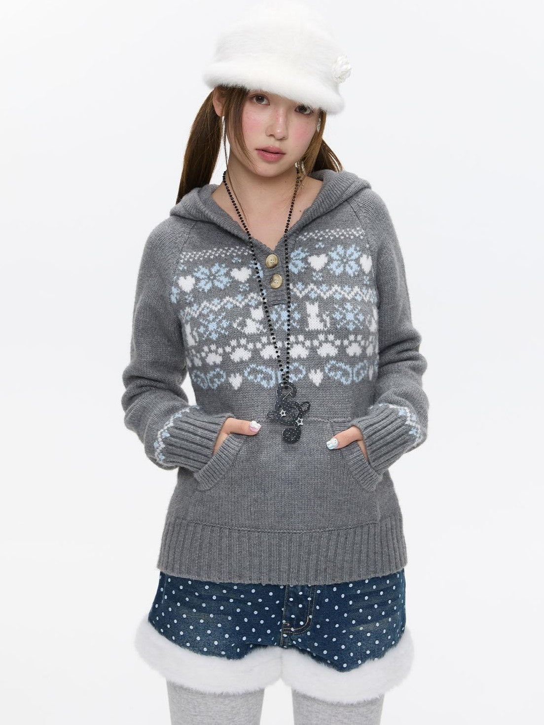 BETWEENAND Fair Isle Jacquard Hooded Women&