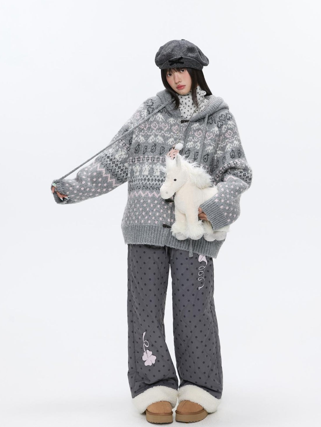 BETWEENAND Fair Isle Jacquard Horn Button Loose Fit Women&