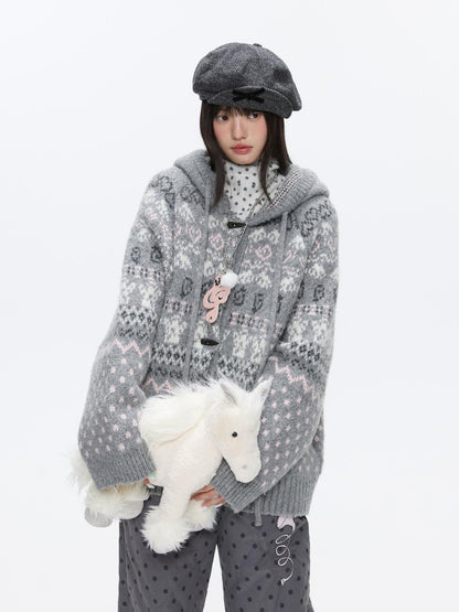 BETWEENAND Fair Isle Jacquard Horn Button Loose Fit Women&