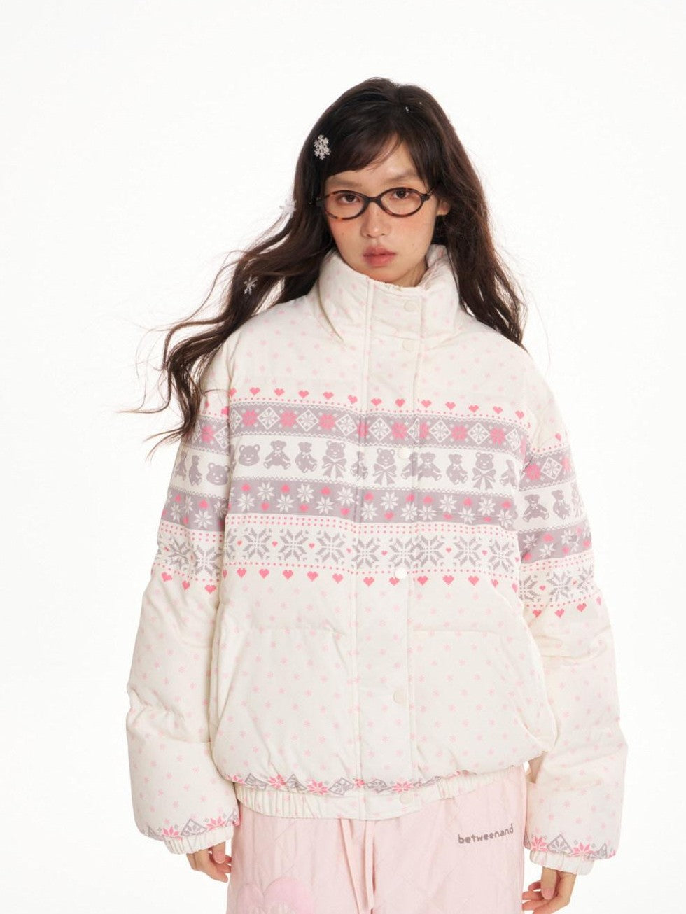 BETWEENAND Fair Isle Print Stand Collar Women&