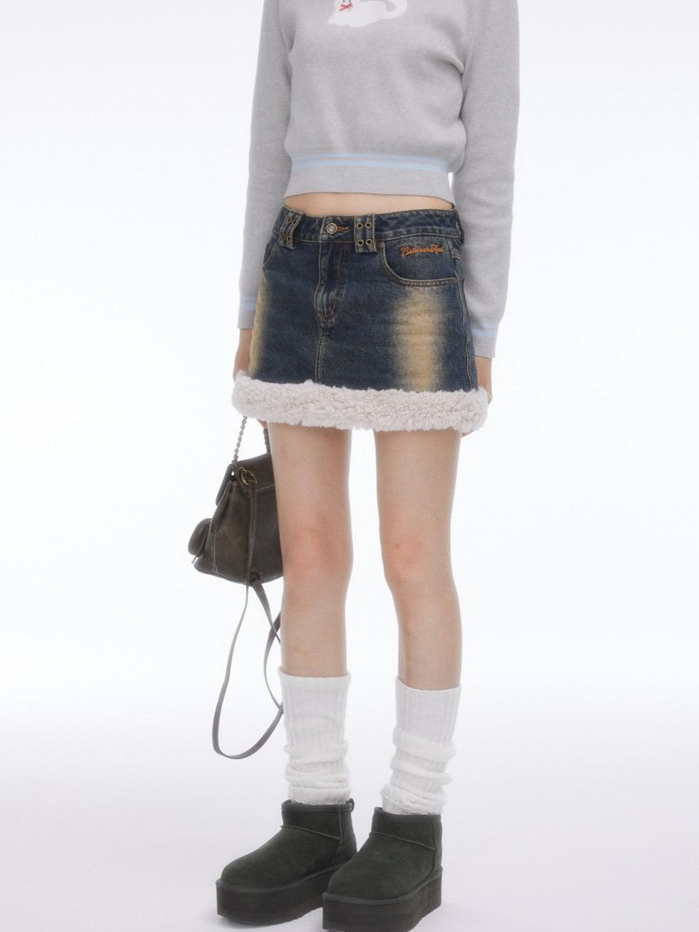 BETWEENAND Faux Fur Patchwork Distressed High Waist A Line Women&
