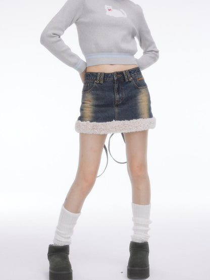 BETWEENAND Faux Fur Patchwork Distressed High Waist A Line Women&