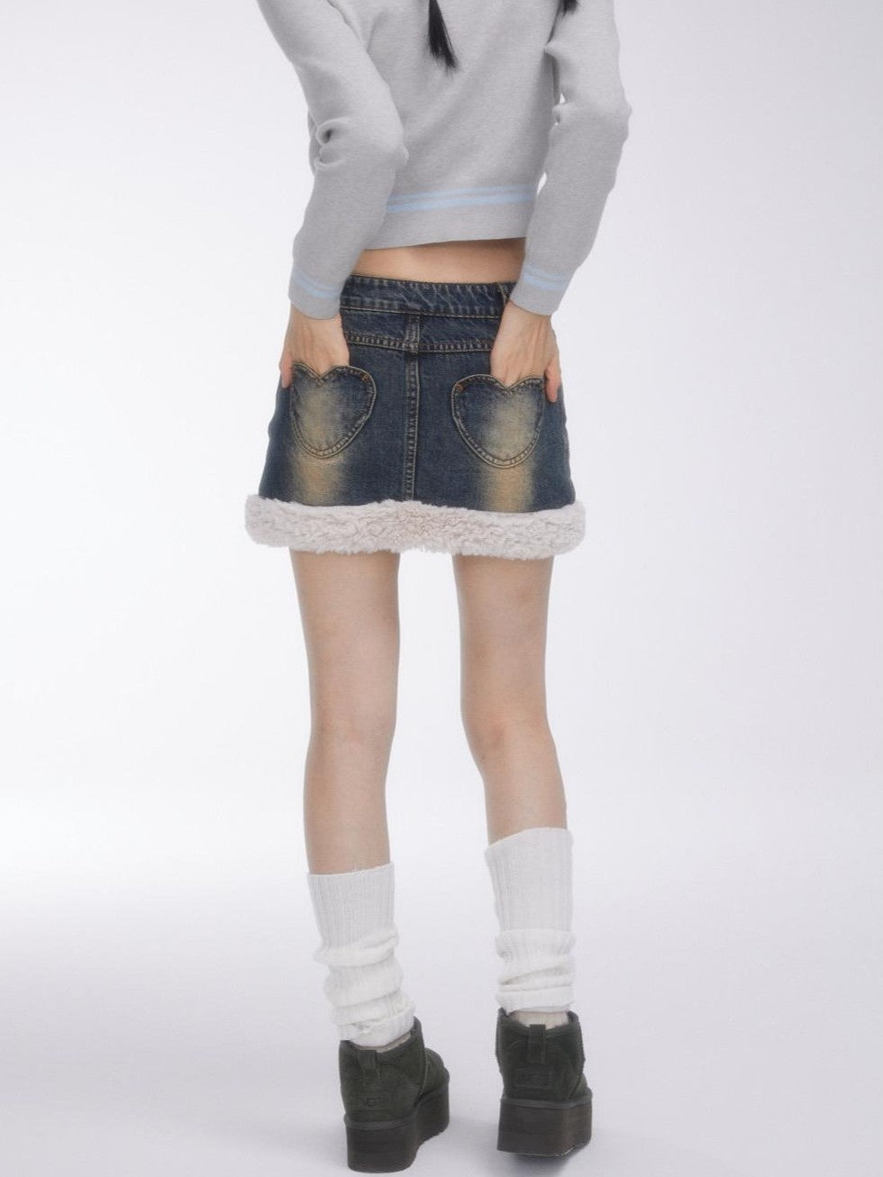 BETWEENAND Faux Fur Patchwork Distressed High Waist A Line Women&