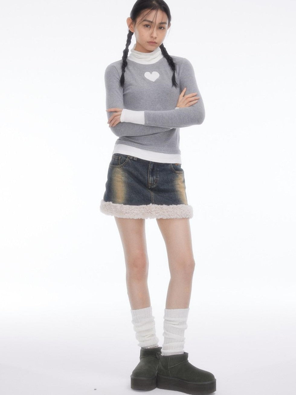 BETWEENAND Faux Fur Patchwork Distressed High Waist A Line Women&