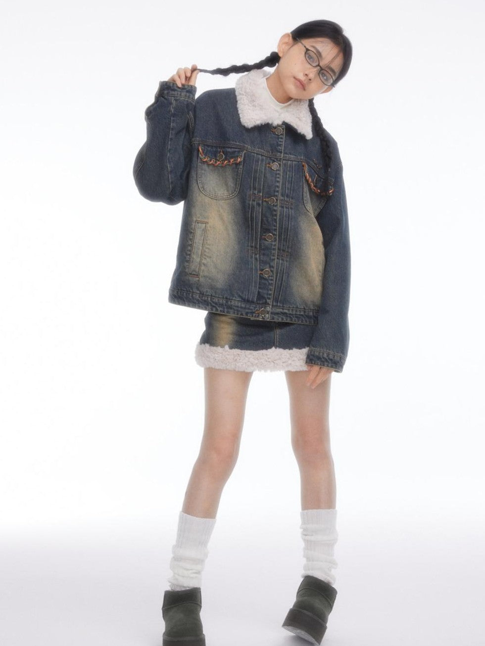 BETWEENAND Faux Fur Patchwork Distressed High Waist A Line Women&