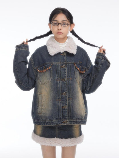 BETWEENAND Faux Fur Patchwork Distressed High Waist A Line Women&