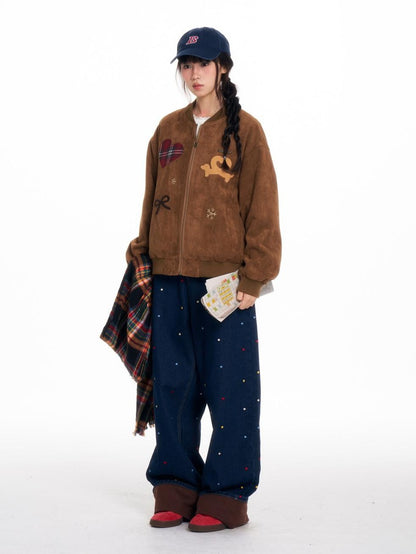 BETWEENAND Faux Suede Applique Embroidery Loose Fit Women&