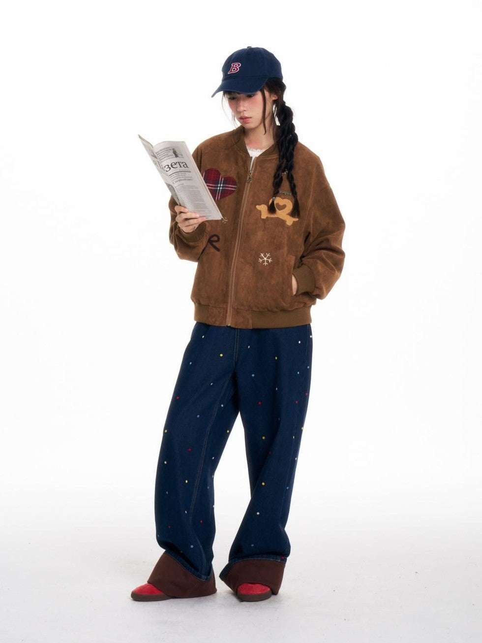 BETWEENAND Faux Suede Applique Embroidery Loose Fit Women&