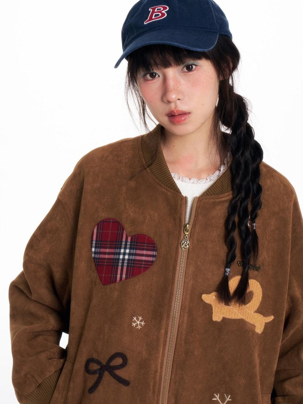 BETWEENAND Faux Suede Applique Embroidery Loose Fit Women&