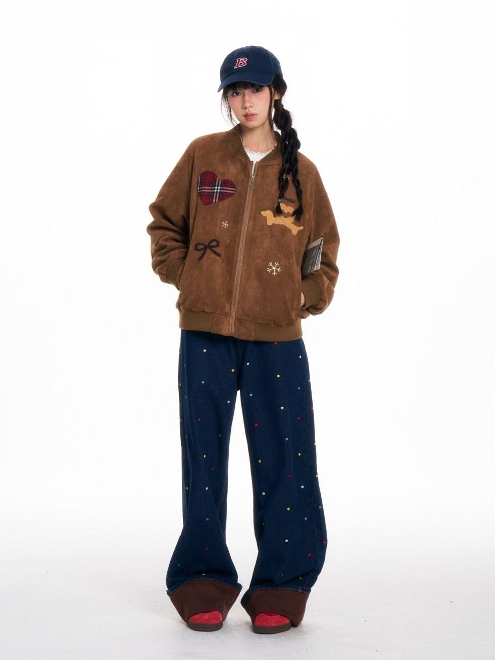 BETWEENAND Faux Suede Applique Embroidery Loose Fit Women&