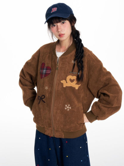 BETWEENAND Faux Suede Applique Embroidery Loose Fit Women&