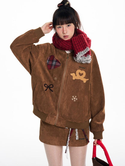 BETWEENAND Faux Suede Applique Embroidery Loose Fit Women&