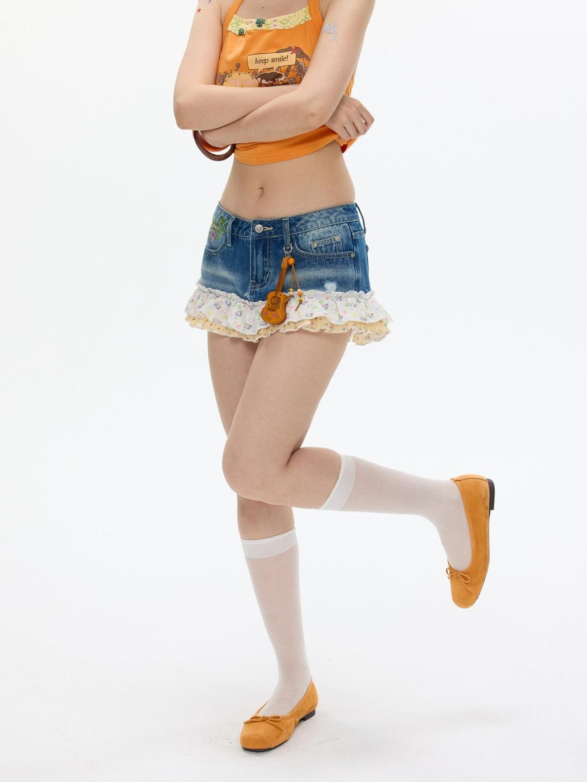 BETWEENAND Floral Patchwork Tiered High Waist Inner Shorts Women&