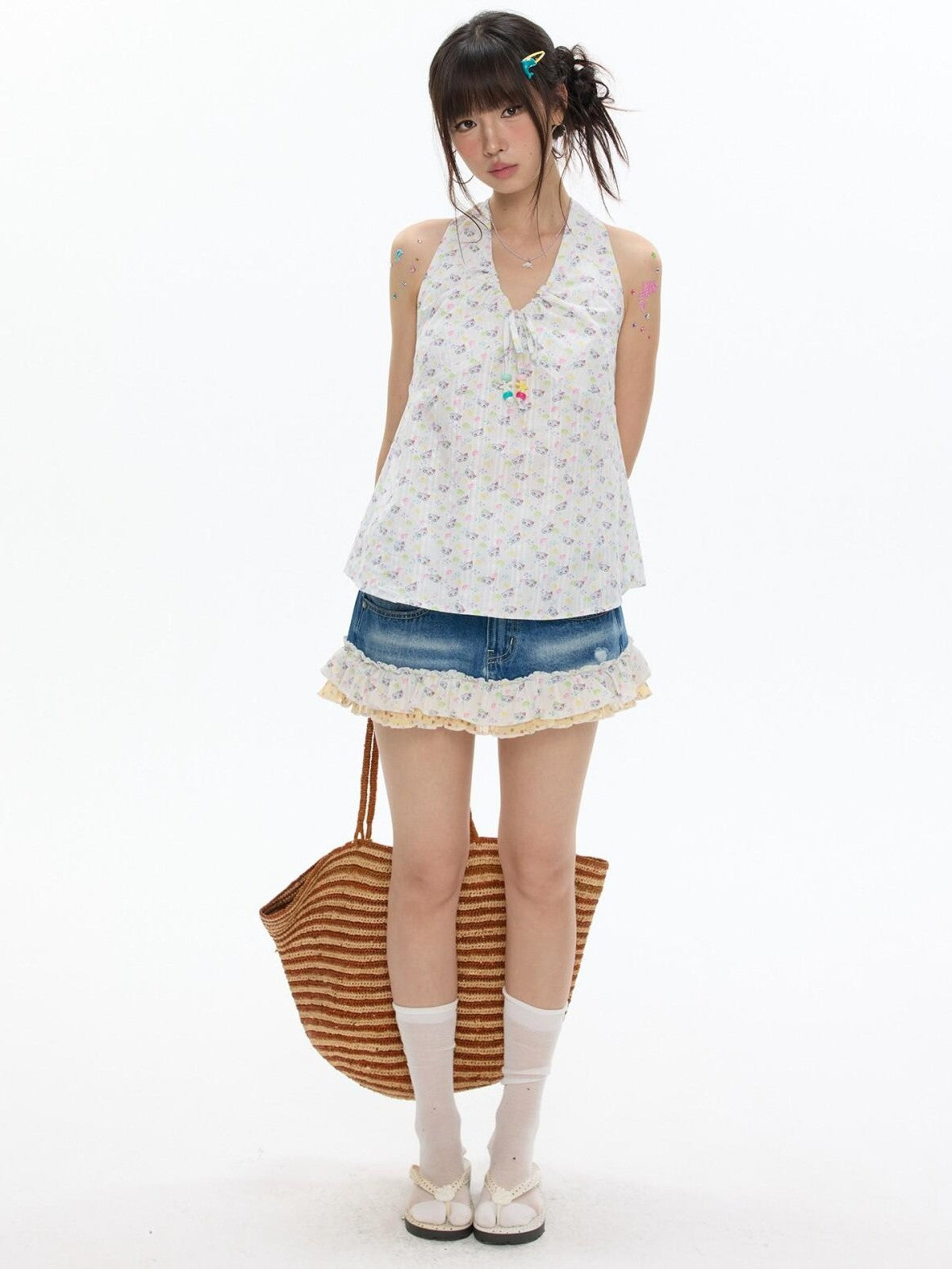 BETWEENAND Floral Patchwork Tiered High Waist Inner Shorts Women&