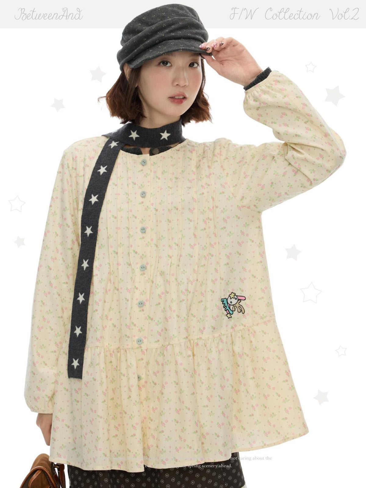 BETWEENAND Floral Print Lantern Sleeve Round Neck Women&