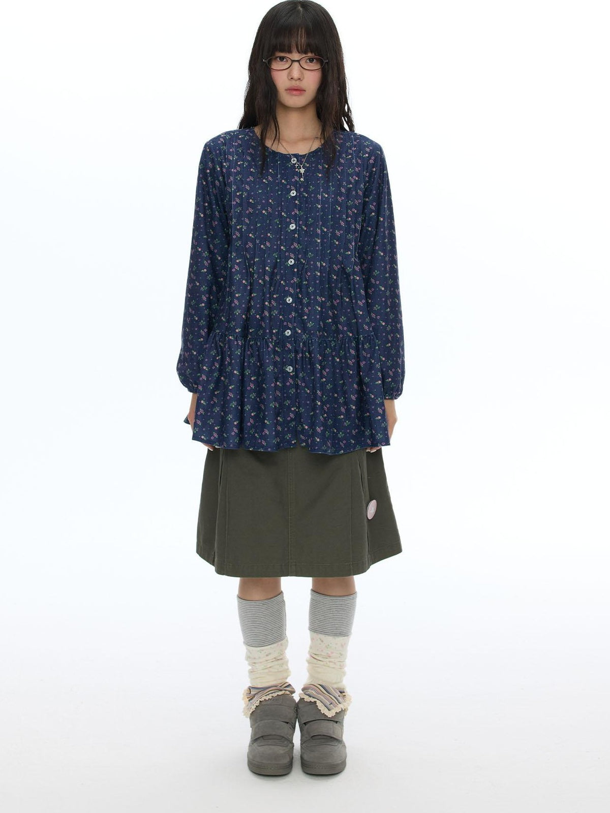 BETWEENAND Floral Print Lantern Sleeve Round Neck Women&