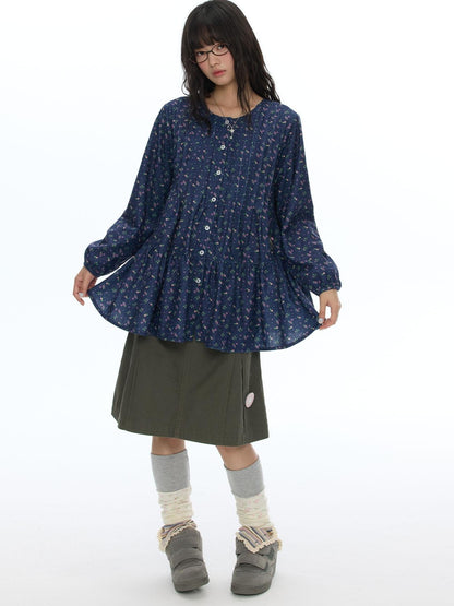BETWEENAND Floral Print Lantern Sleeve Round Neck Women&