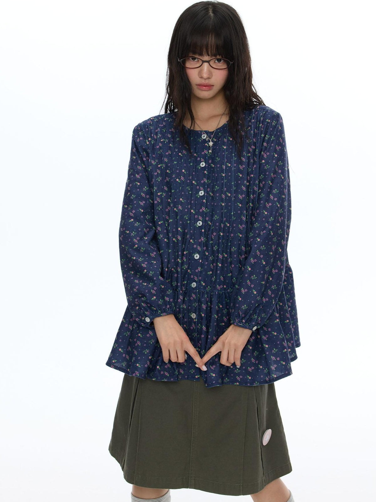 BETWEENAND Floral Print Lantern Sleeve Round Neck Women&
