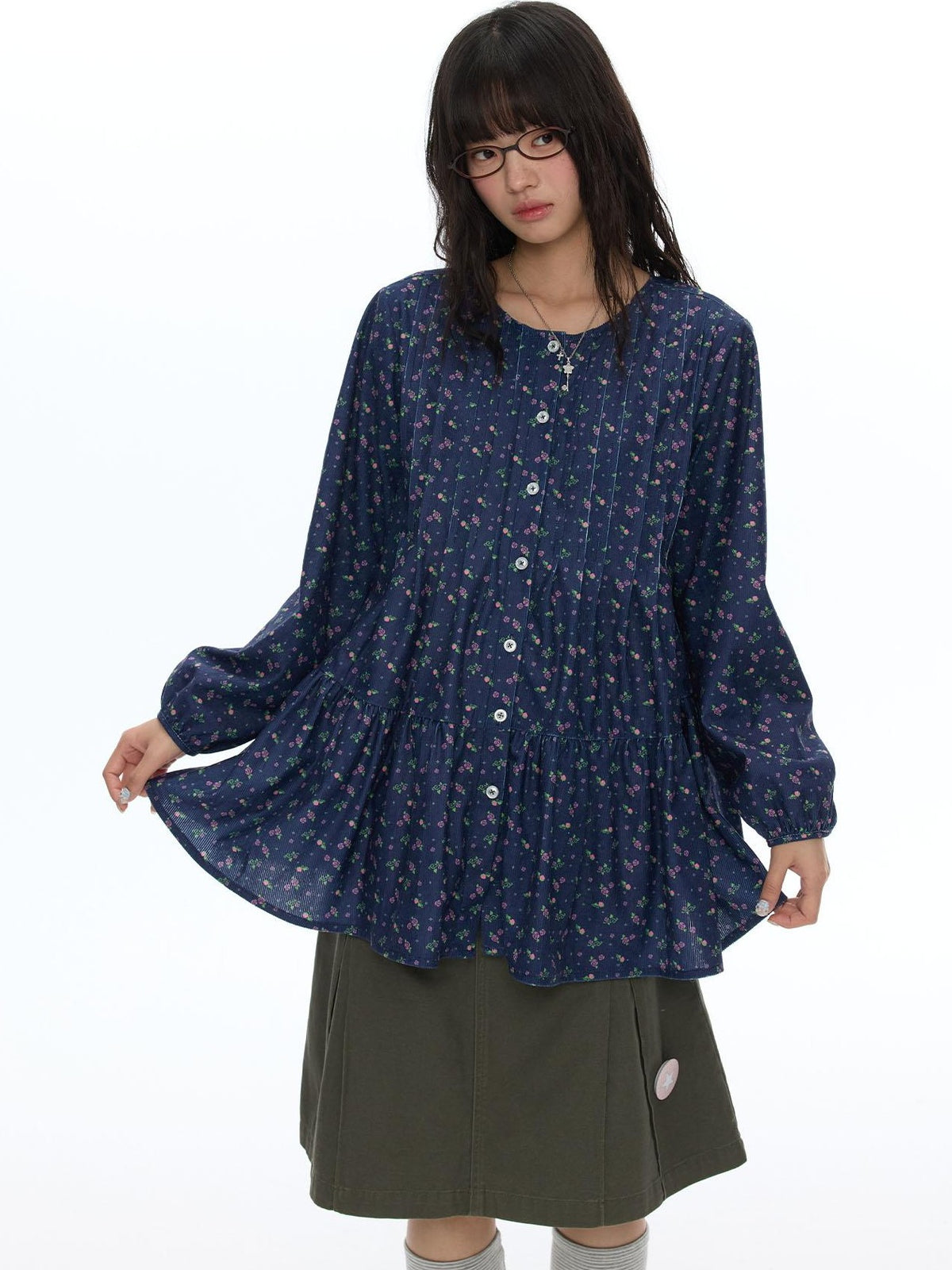 BETWEENAND Floral Print Lantern Sleeve Round Neck Women&