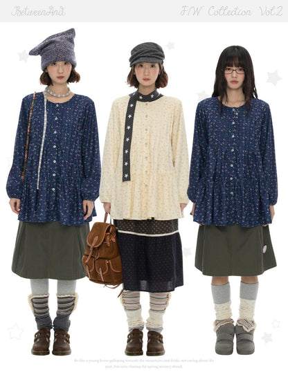 BETWEENAND Floral Print Lantern Sleeve Round Neck Women&