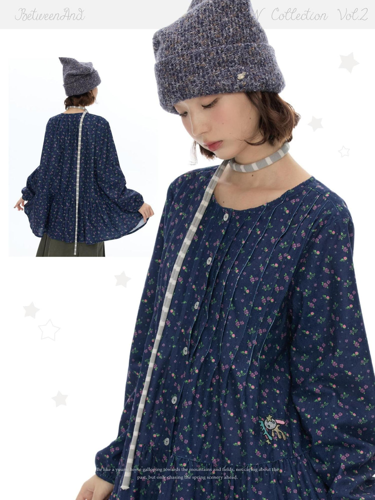 BETWEENAND Floral Print Lantern Sleeve Round Neck Women&
