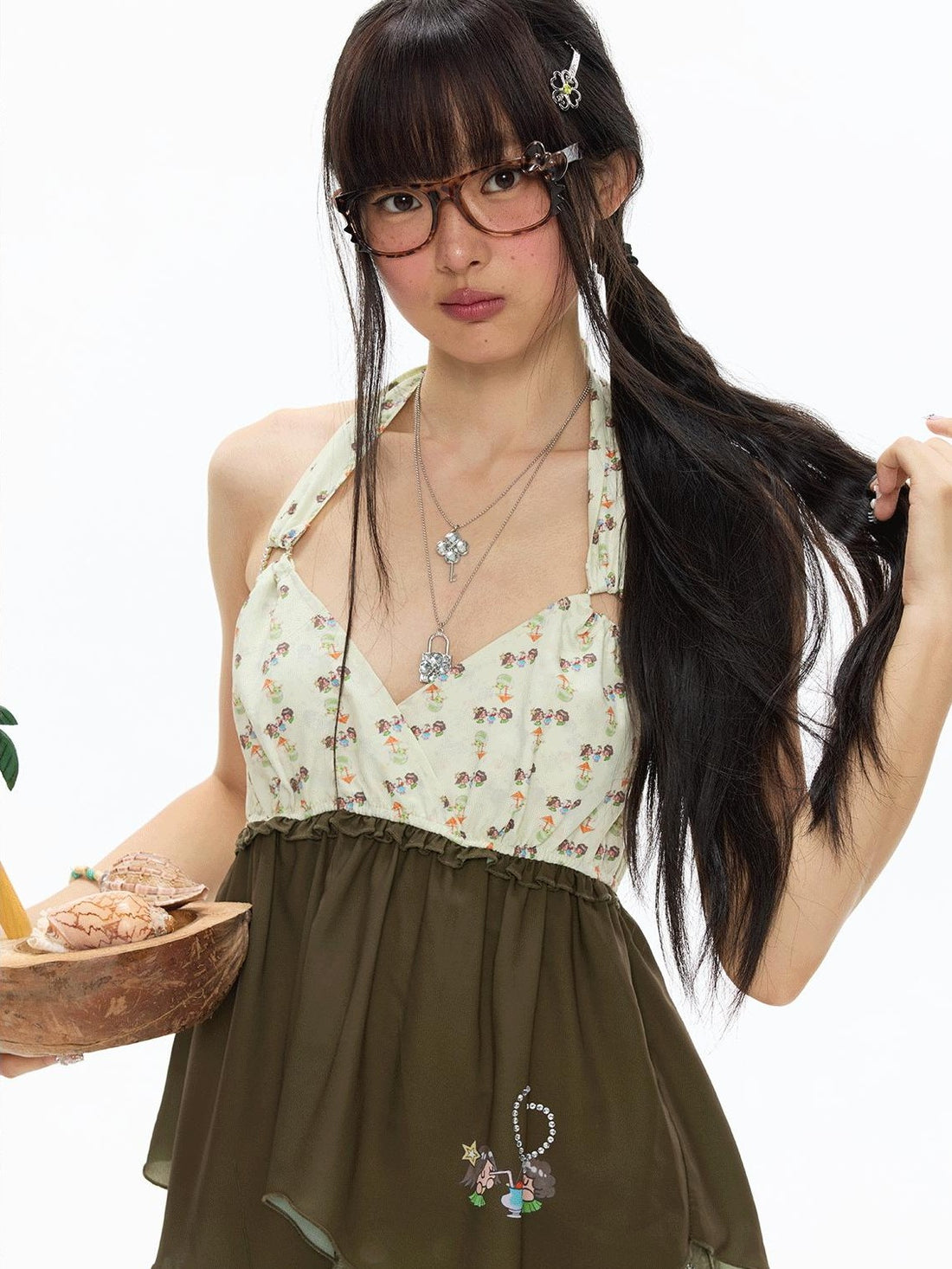 BETWEENAND Fruit Green Floral Halter Slim Women&