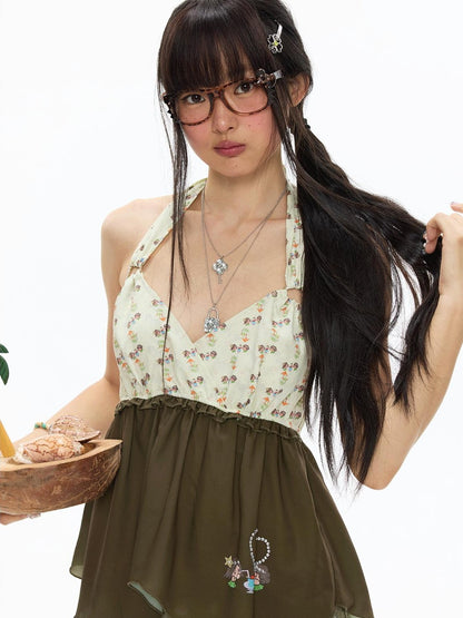 BETWEENAND Fruit Green Floral Halter Slim Women&
