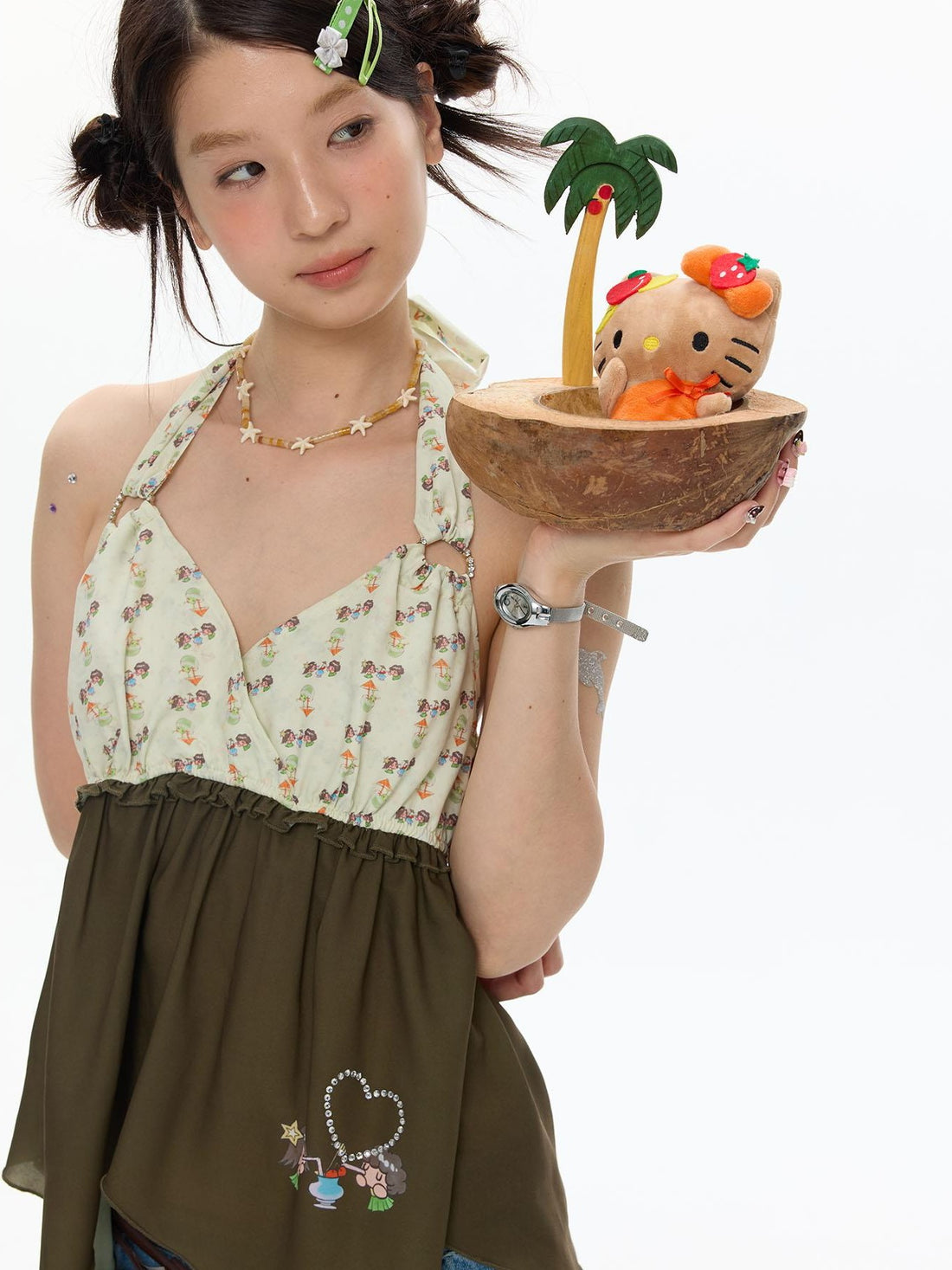 BETWEENAND Fruit Green Floral Halter Slim Women&