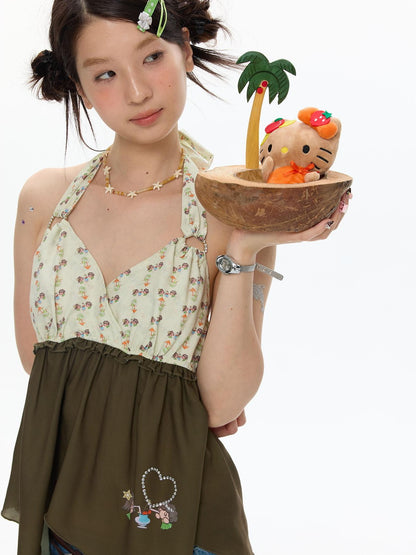 BETWEENAND Fruit Green Floral Halter Slim Women&