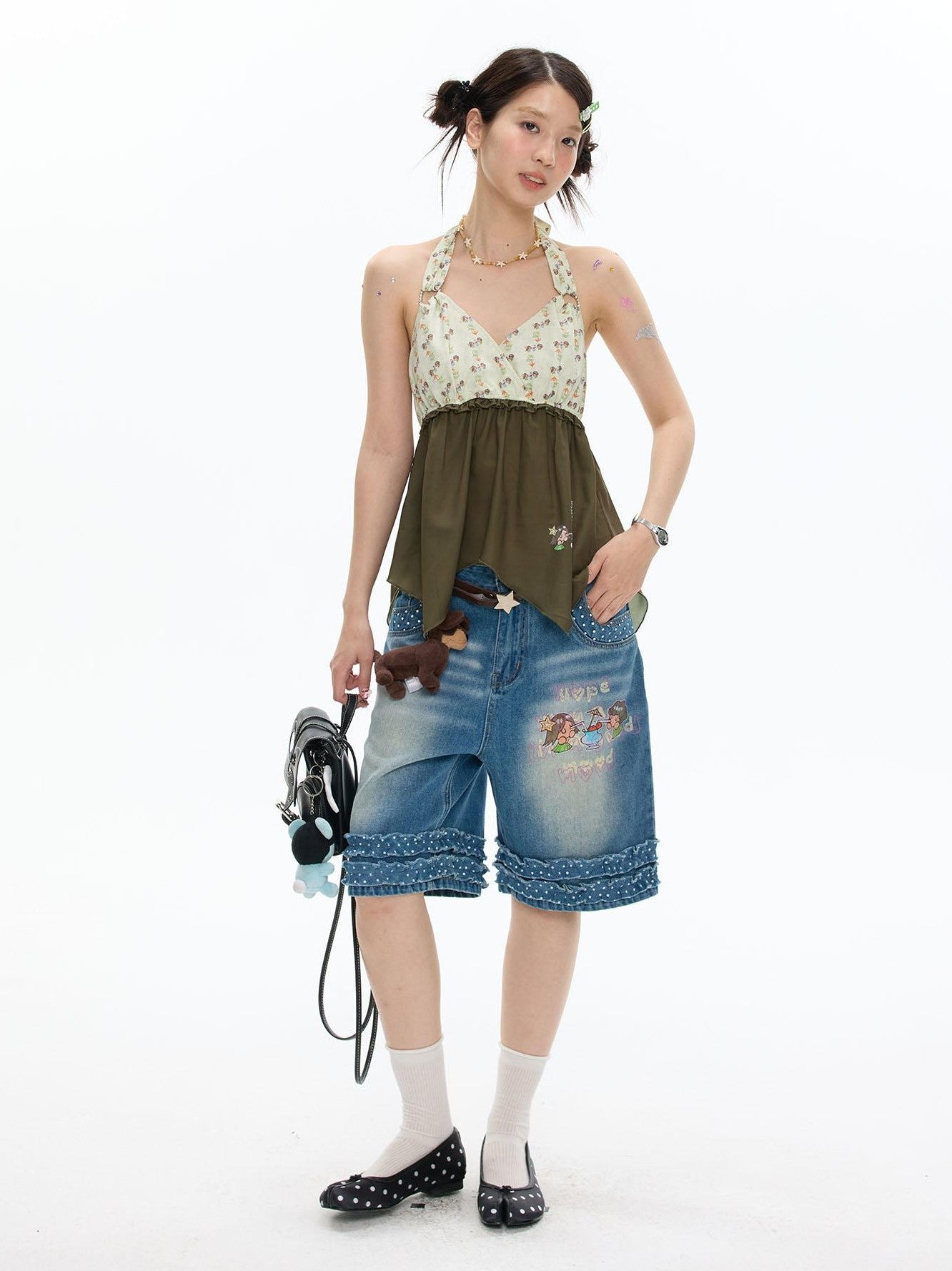 BETWEENAND Fruit Green Floral Halter Slim Women&