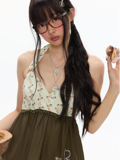 BETWEENAND Fruit Green Floral Halter Slim Women&