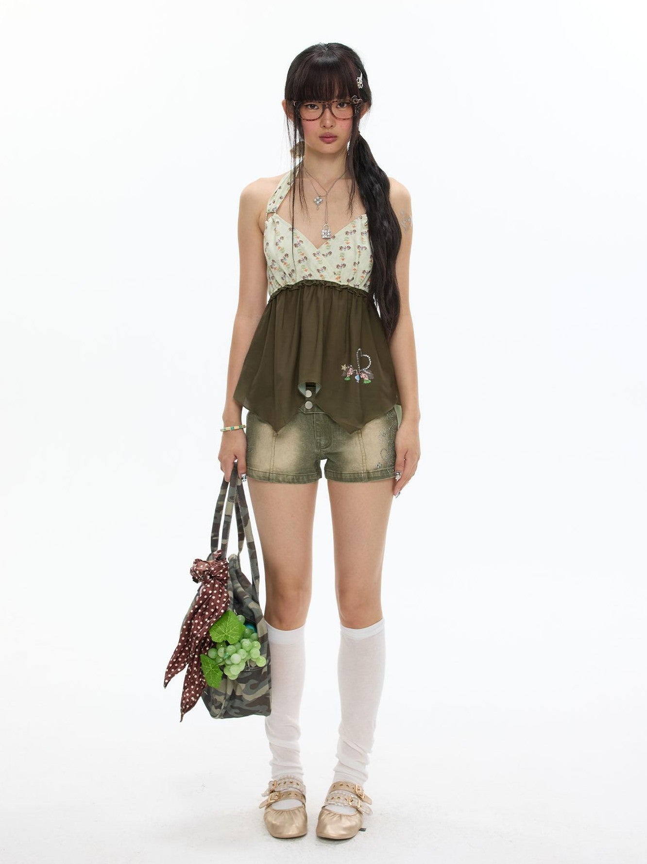 BETWEENAND Fruit Green Floral Halter Slim Women&