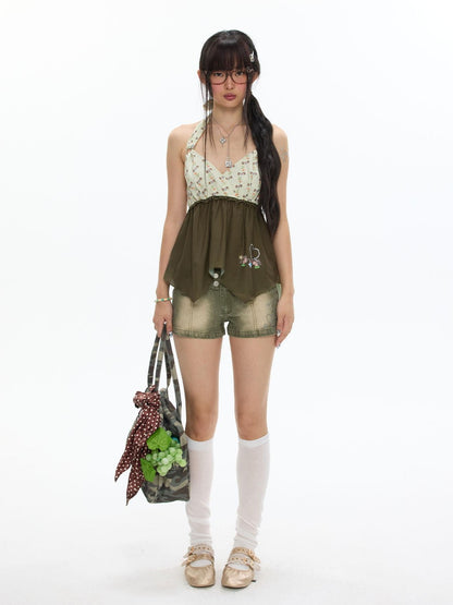 BETWEENAND Fruit Green Floral Halter Slim Women&