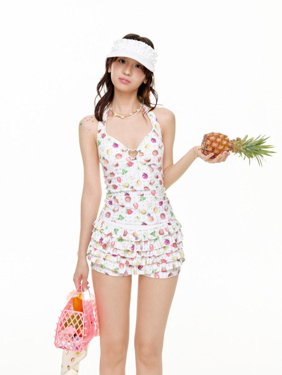 BETWEENAND Fruit Polka Dot Allover Print Ruffle V-neck Women&