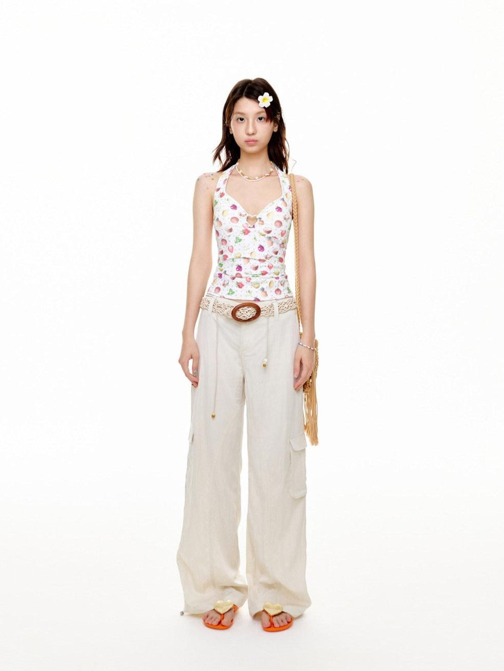 BETWEENAND Fruit Polka Dot Allover Print Ruffle V-neck Women&