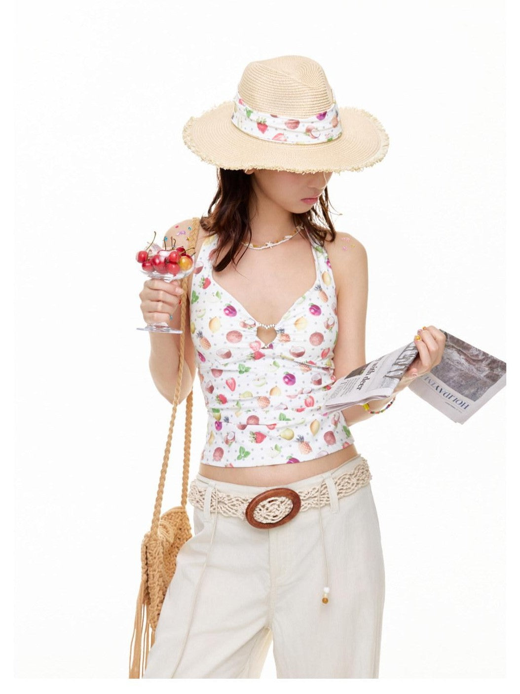 BETWEENAND Fruit Polka Dot Allover Print Ruffle V-neck Women&