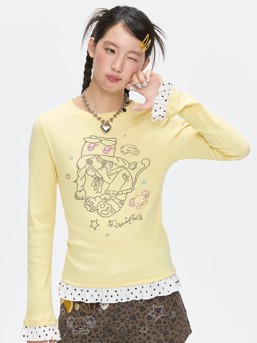BETWEENAND Gentle Yellow Polka Dot Ruffle Hem Women&