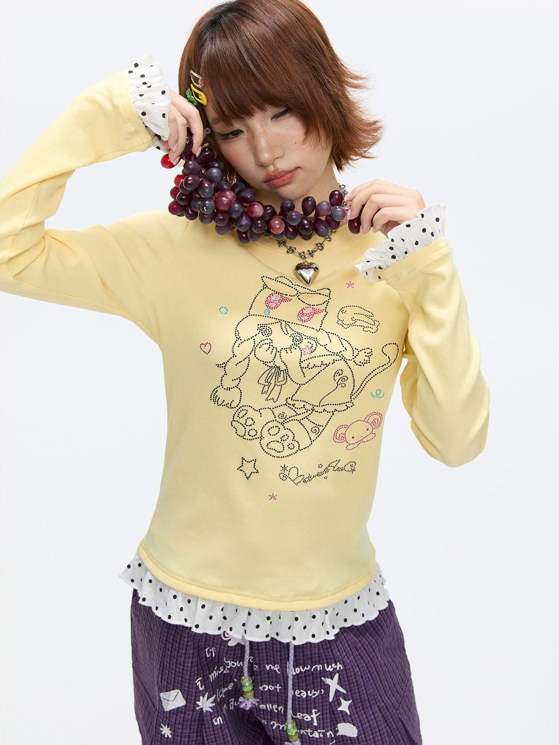 BETWEENAND Gentle Yellow Polka Dot Ruffle Hem Women&