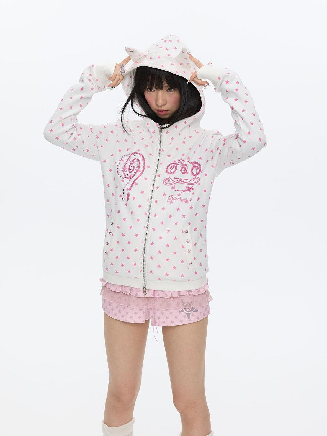 BETWEENAND Glitter Little Devil Double Zipper Slim Fit Women&