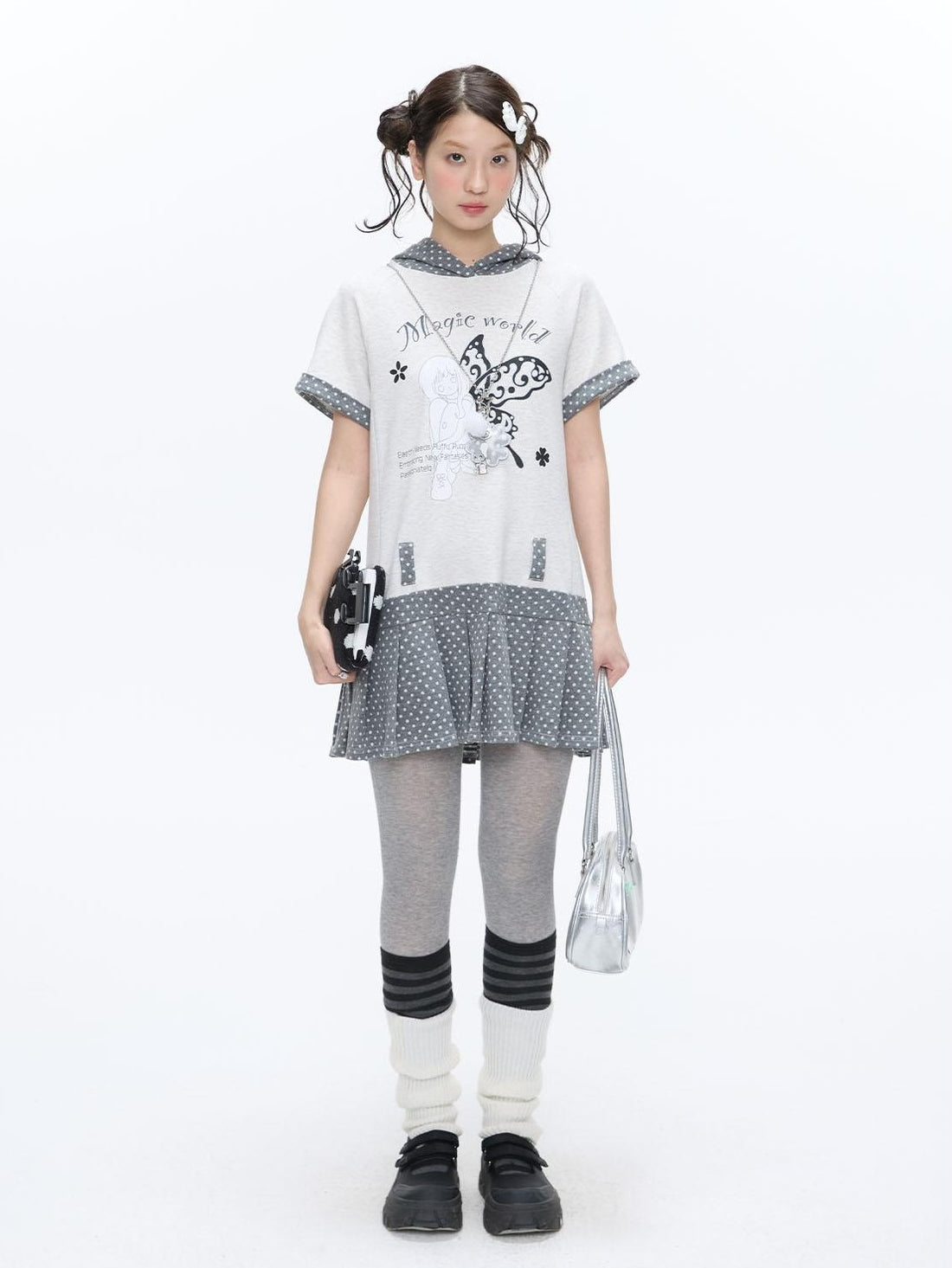 BETWEENAND Glitter Print Pleated Hooded Women&