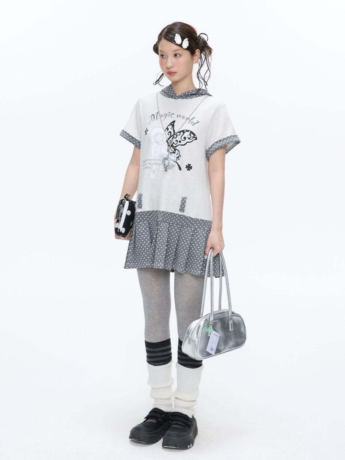 BETWEENAND Glitter Print Pleated Hooded Women&