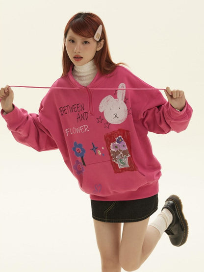 BETWEENAND Graffiti Cartoon Rabbit Print Zip Half High Collar Ribbed Women&