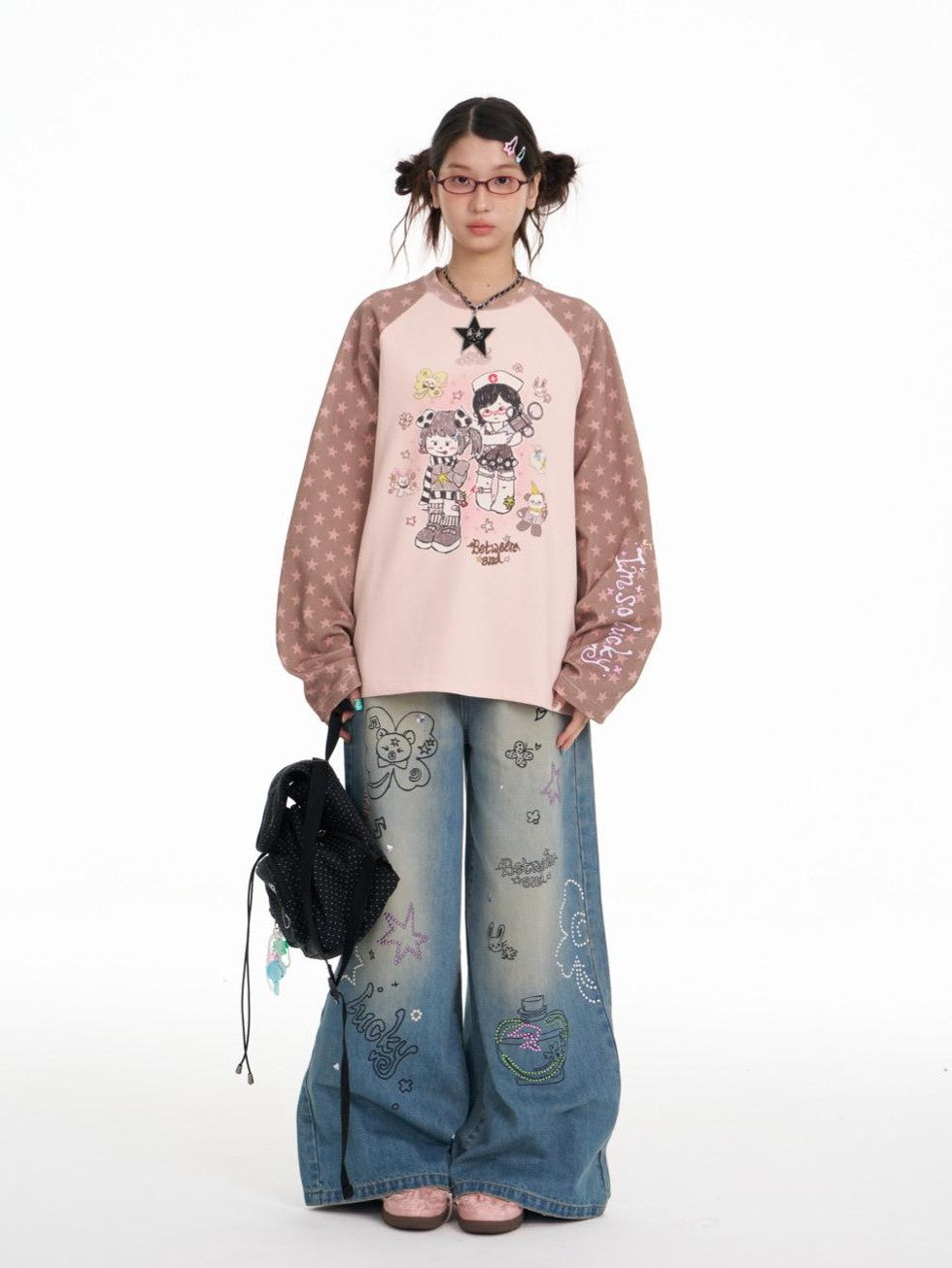 BETWEENAND Graffiti Illustration Rhinestone Washed Women&