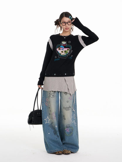 BETWEENAND Graffiti Illustration Rhinestone Washed Women&