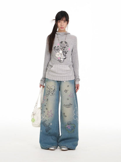 BETWEENAND Graffiti Illustration Rhinestone Washed Women&