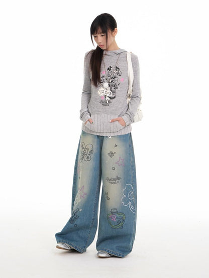 BETWEENAND Graffiti Illustration Rhinestone Washed Women&