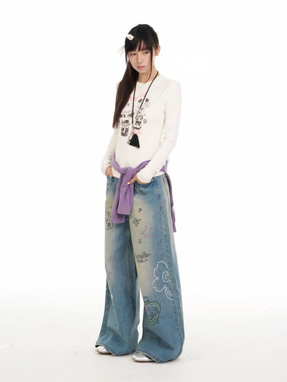 BETWEENAND Graffiti Illustration Rhinestone Washed Women&