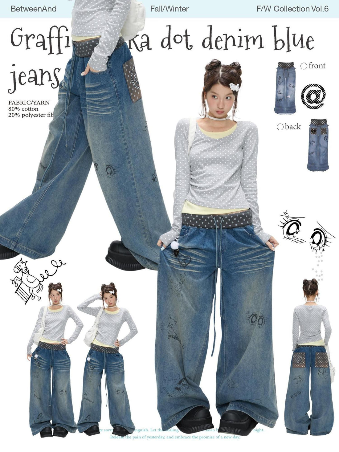 BETWEENAND Graffiti Polka Dot Patch Washed Pleated Women&